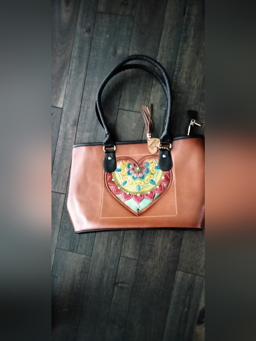 Artesanal Brown Shoulder Tote with Colorful Heart Embroidery